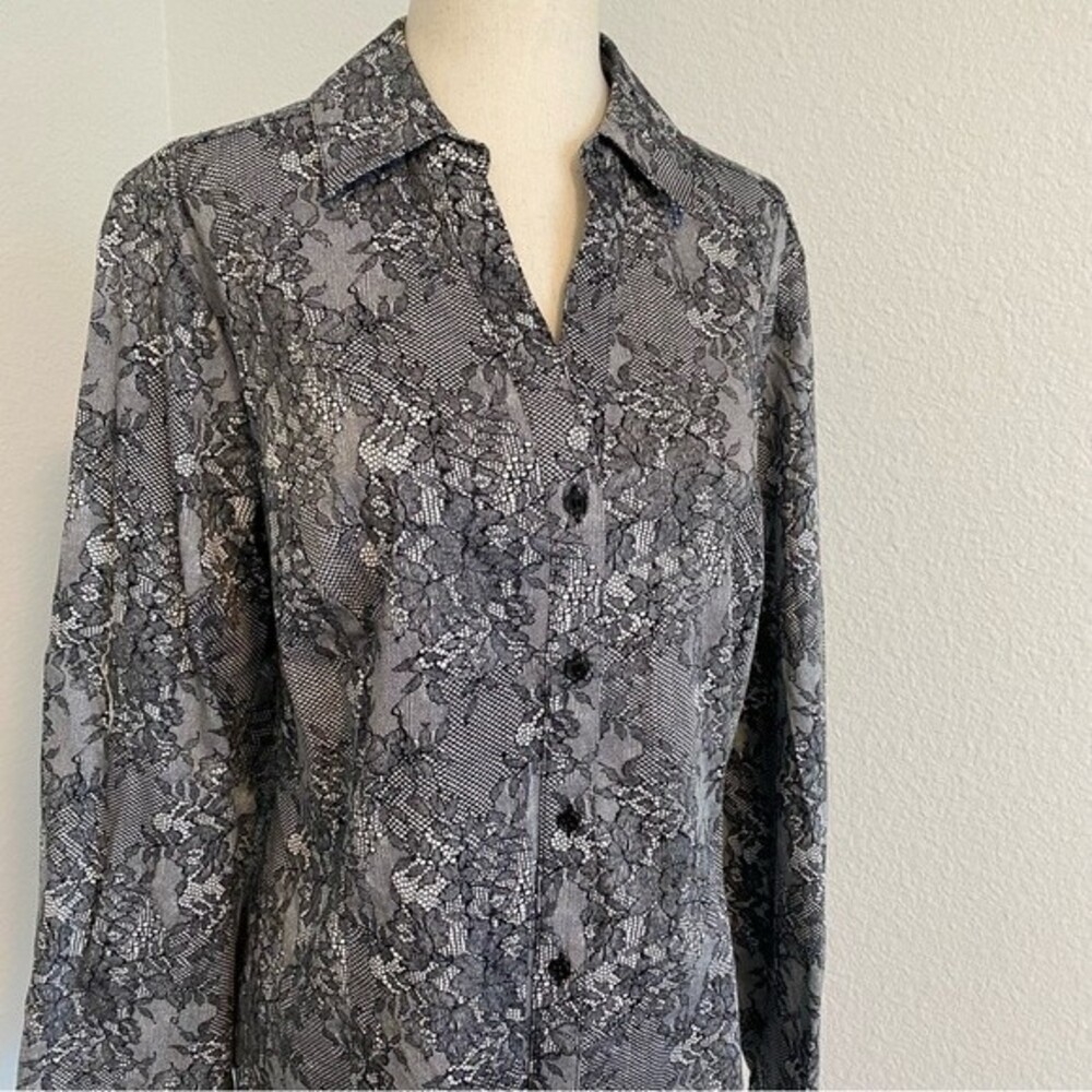 Lane Bryant Floral Silver Black Button Front L Sleeve V Neck Blouse Sexy Size 18